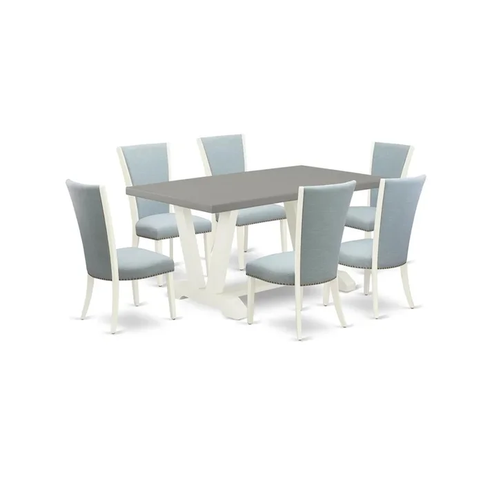 East West Furniture V096VE215-7 7 Piece Dining Table Set – 6 Baby Blue Linen Fabric Upholstered Chair with Nailheads and Cement Wood Dining Table – Linen White Finish