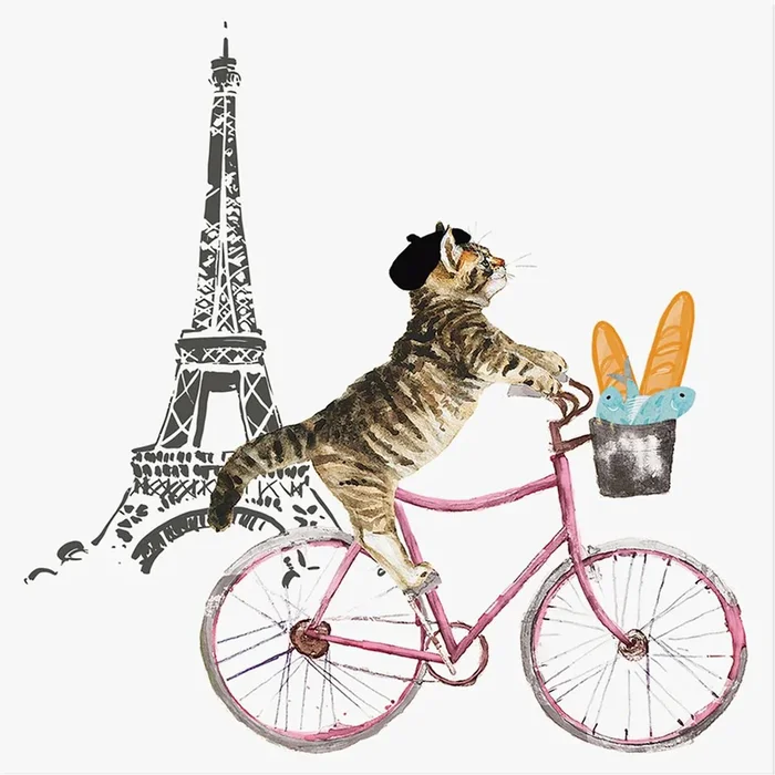 Eiffel Tower with French Cat On Bicycle Canvas Wall Art, 12″