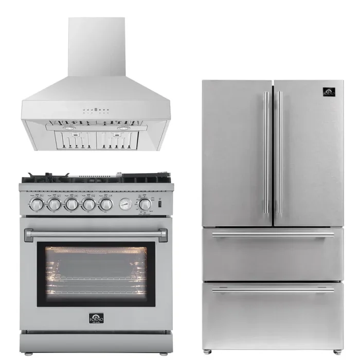 FORNO Appliance Package – 30″ Gas Range with Airfryer, Range Hood, 36″ Refrigerator, AP-FFSGS6276-30-10