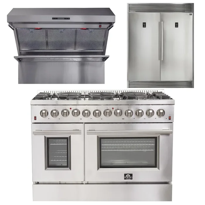 FORNO Appliance Package – 48 Inch Dual Fuel Range, Wall Mount Range Hood, 60 Inch Refrigerator, FBDL-017-02US