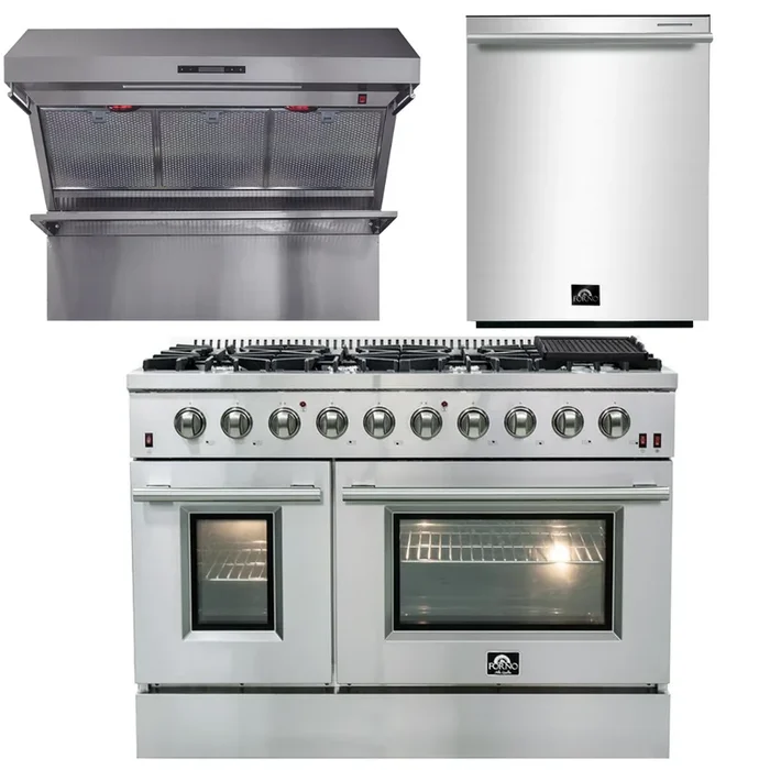 FORNO Appliance Package – 48 Inch Gas Range, Wall Mount Range Hood, Dishwasher, AP-FFSGS6244-48-2