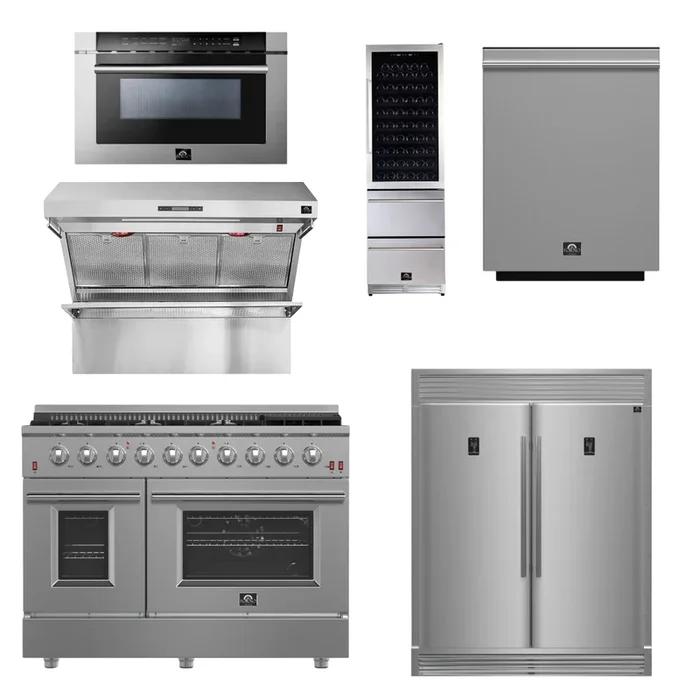 FORNO Appliance Package – 48 Inch Pro Gas Range, Range Hood, Refrigerator, Microwave Drawer, Dishwasher, Wine Cooler, AP-FFSGS6260-48-9