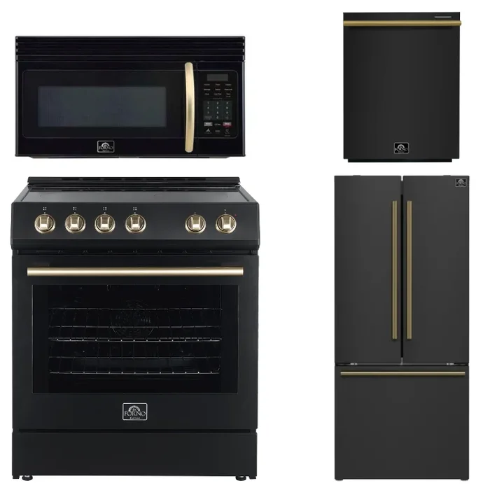 FORNO Espresso Package – 30″ Electric Range, Over-The-Range Microwave, 30″ Refrigerator with Ice Maker and Dishwasher in Black with Antique Brass Accents, AP4-6012BLK-A10