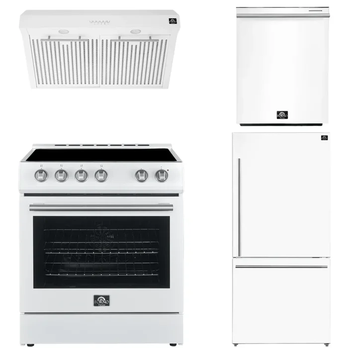 FORNO Espresso Package – 30″ Electric Range, Range Hood, Refrigerator and Dishwasher in White with Silver Handles, FBDL-006-03US