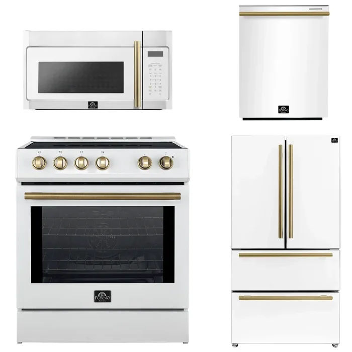 FORNO Espresso Package – 30″ Induction Range, Over-The-Range Microwave, 36″ Refrigerator with Ice Maker and Dishwasher in White with Antique Brass Accents, AP4-0982WHT-A12