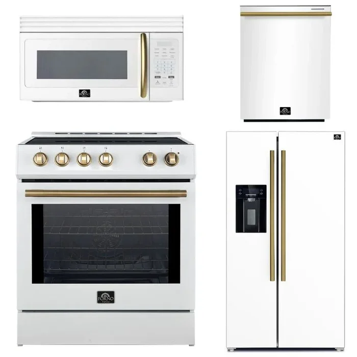 FORNO Espresso Package – 30″ Induction Range, Over-The-Range Microwave, 36″ Refrigerator with Water Dispenser/Ice Maker and Dishwasher in White with Antique Brass Accents, AP4-0982WHT-A11