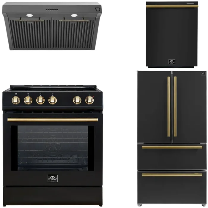 FORNO Espresso Package – 30″ Induction Range, Range Hood, 36″ Refrigerator with Ice Maker and Dishwasher in Black with Antique Brass Handles
