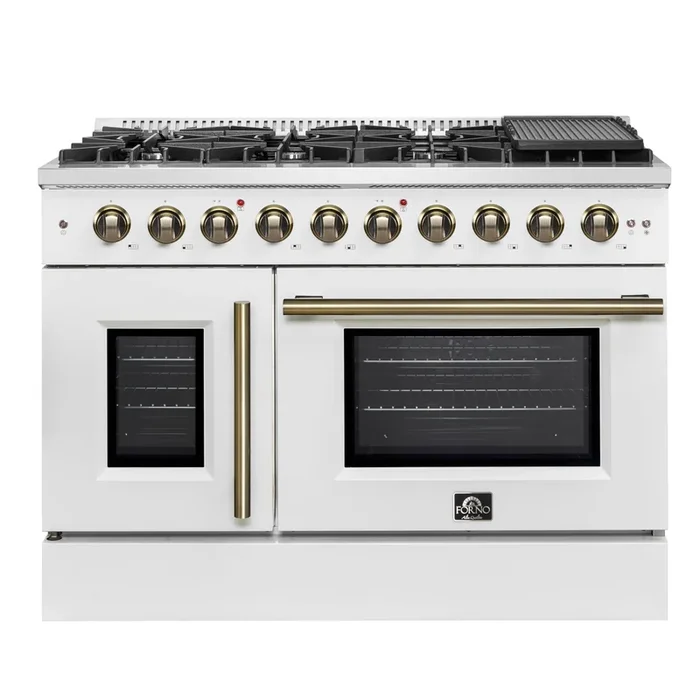 FORNO Galiano 48″ 6.58 cu. ft. French Door Gas Range with 8 Sealed Burners and Griddle in White with Antique Brass Accents, FFSGS6444-48WHT