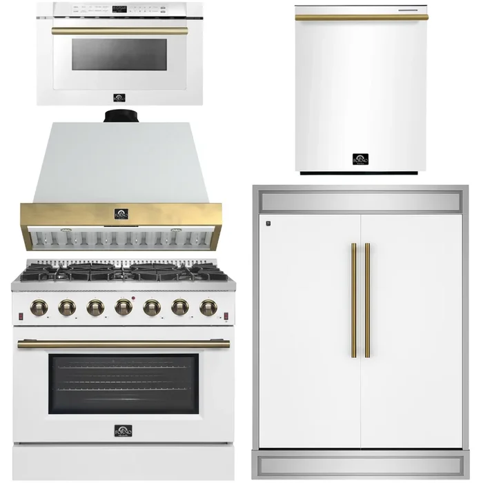 FORNO Galiano Package – 36″ Gas Range, Range Hood, 60″ Side-by-Side Refrigerator, Dishwasher and 24″ Microwave Drawer in White with Antique Brass Accents