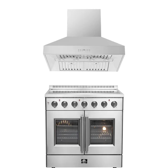 FORNO Package – 36″ Electric French Door Range and Wall Mount Range Hood, AP-FFSEL6917-36-2PK-1