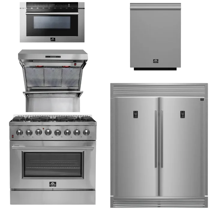 FORNO Package – 36 Inch Dual Fuel Range, Wall Mount Range Hood, Refrigerator, Microwave Drawer, Dishwasher, AP-FFSGS6156-36-8