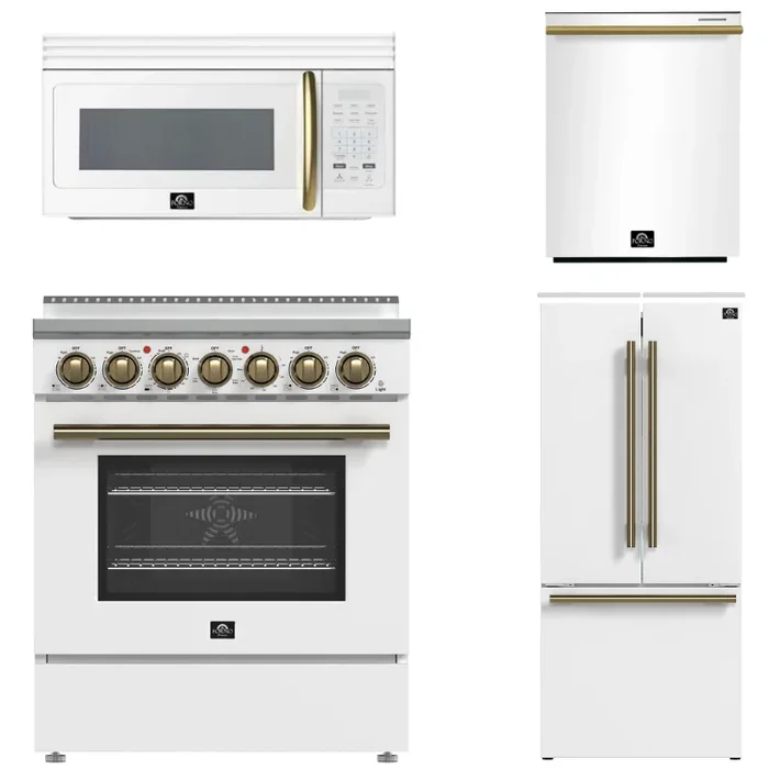 FORNO Paolo Package – 30″ Electric Range, Over-The-Range Microwave, 30″ Refrigerator with Ice Maker and Dishwasher in White with Antique Brass Accents, AP4-6011WHT-A10