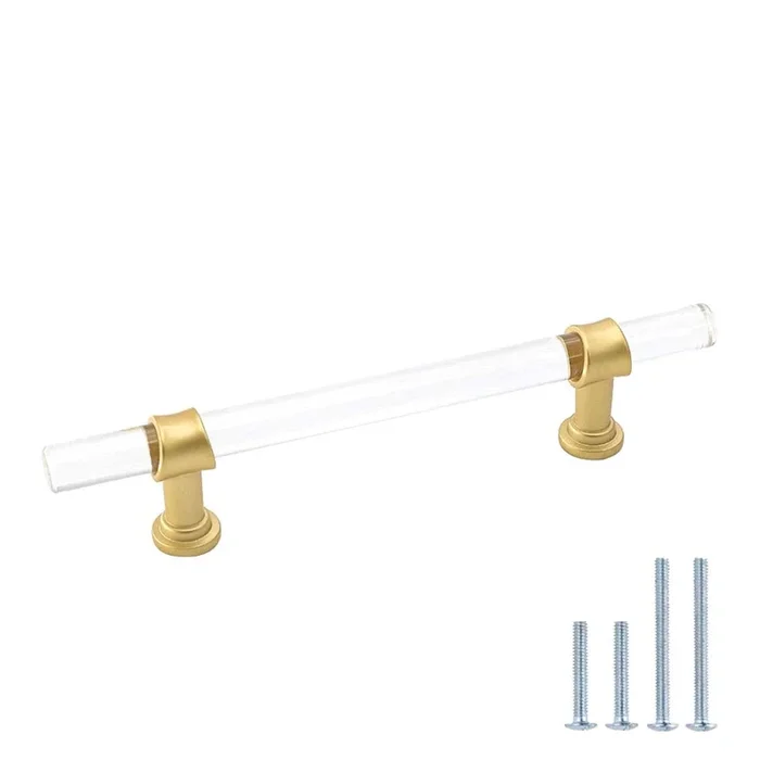goldenwarm 5 Pack Cabinet Handles Clear Acrylic Drawer Pulls 4″” Hole Centers – LS9165GD102 Crystal Glass Hardware Brushed Brass