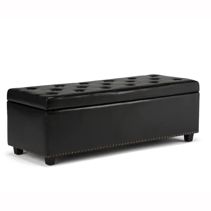 Hamilton 48 inch Wide Transitional Rectangle Storage Ottoman in Midnight Black Faux Leather