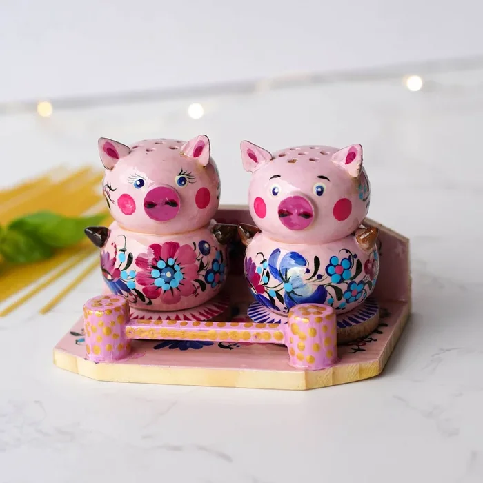 Hand-painted Wooden Salt & Pepper Shakers on Stand Set, Pink Flower Pigs Shakers with Petrykivka Art – Wall/Countertop Rack, Tight-Seal LidsCosmetics