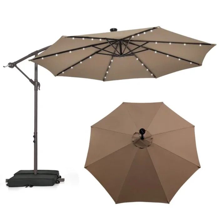 Hivvago 10 Feet Cantilever Umbrella with 32 LED Lights and Solar Panel Batteries
