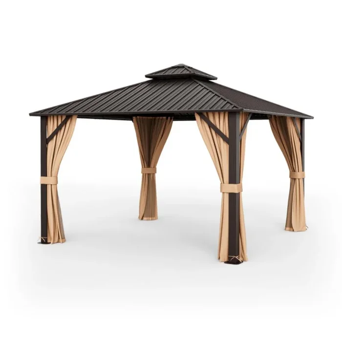 Hivvago 12 x 12 Feet Double-Roof Patio Hardtop Gazebo with Galvanized Steel Roof Netting and Curtains