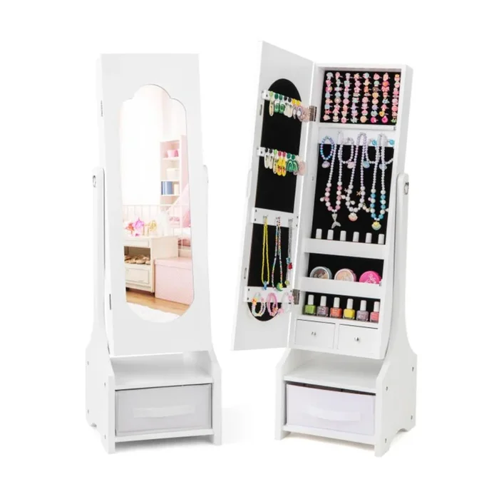 Hivvago Freestanding Kids Jewelry Armoire Cabinet with Storage and 2 Tilt Angles