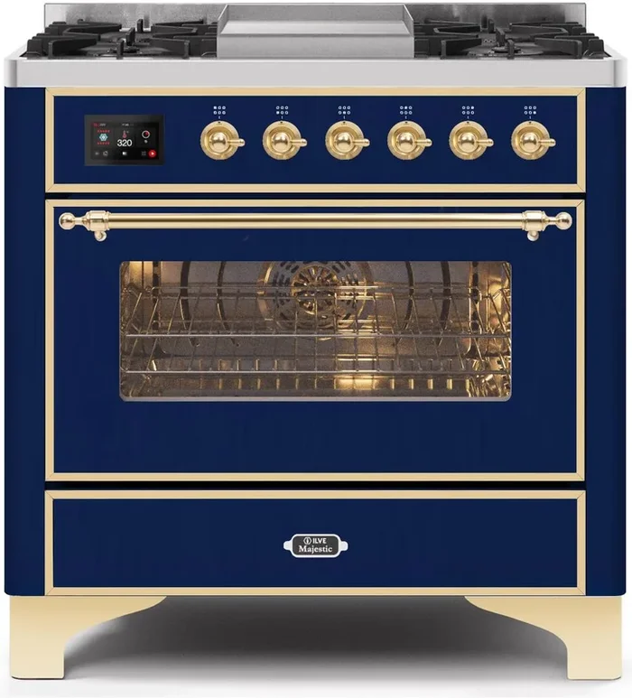 ILVE Majestic II 36″ Dual Fuel Propane Gas Range in Blue with Brass Trim, UM09FDNS3MBGLP