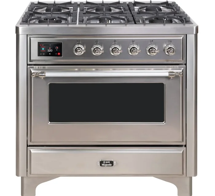 ILVE Majestic II 36″ Dual Fuel Propane Gas Range in Stainless Steel with Chrome Trim, UM09FDNS3SSCLP