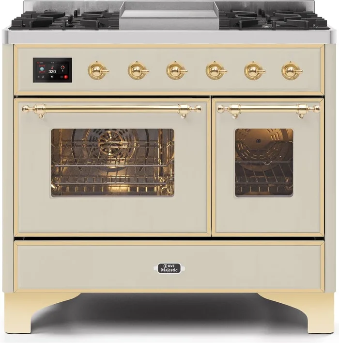 ILVE Majestic II 40″ Dual Fuel Natural Gas Range in Antique White with Brass Trim, UMD10FDNS3AWG