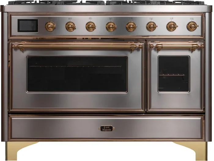 ILVE Majestic II 48″ Dual Fuel Natural Gas Range in Stainless Steel with Brass Trim, UM12FDNS3SSG