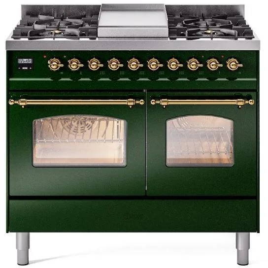 ILVE Nostalgie II 40″ Dual Fuel Propane Gas Range in Emerald Green with Brass Trim, UPD40FNMPEGGLP