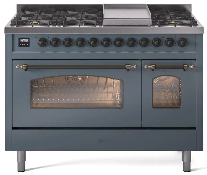 ILVE Nostalgie II 48″ Dual Fuel Natural Gas Range in Blue Grey with Bronze Trim, UP48FNMPBGB