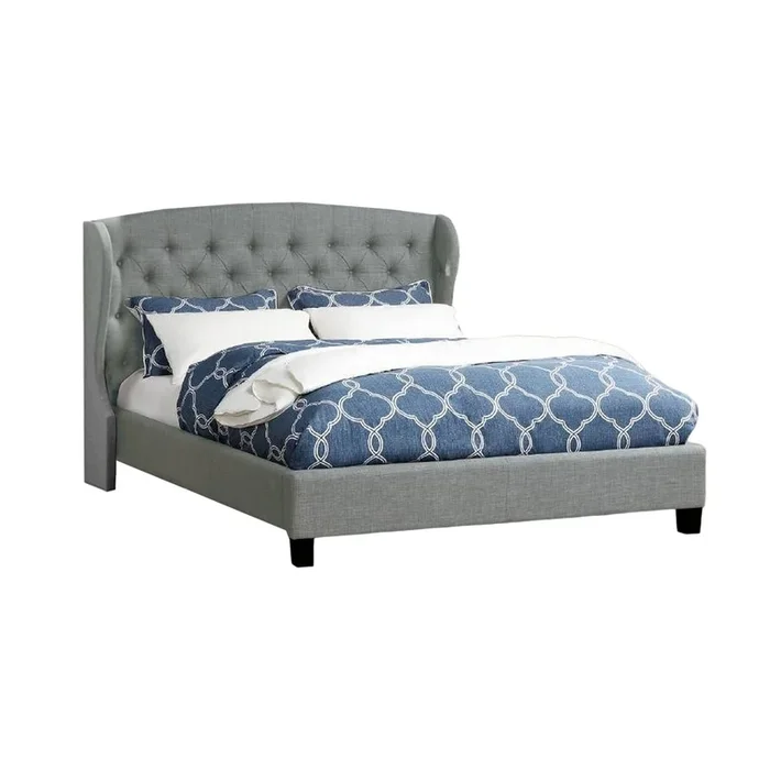 Jimi California King Bed, Upholstered Wingback Headboard, Gray Polyester – Benzara