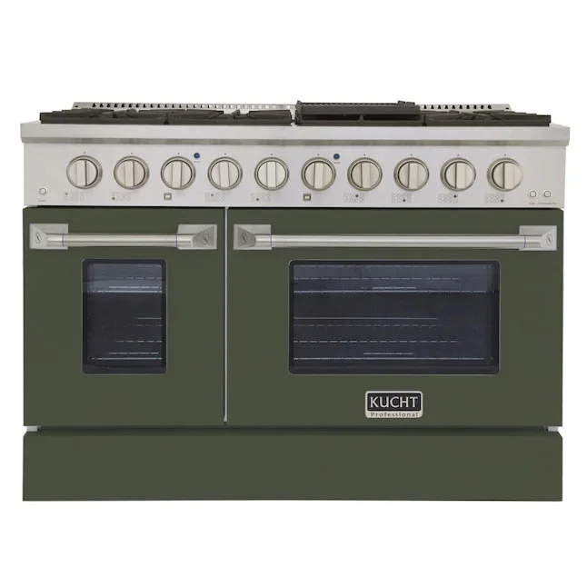 Kucht Professional 48″ 6.7 cu ft. Natural Gas Range in Olive Green with Silver Accents, KNG481-OG