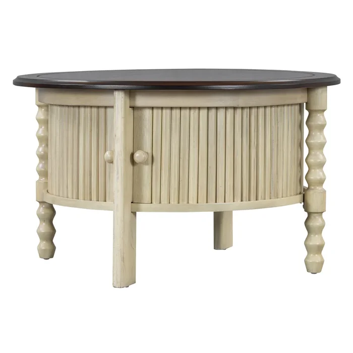 Merax 30.3″ Vintage Round Coffee Table with Storage – Mid Century Modern Cocktail Table with Sliding Door & Slatted Design for Small Spaces