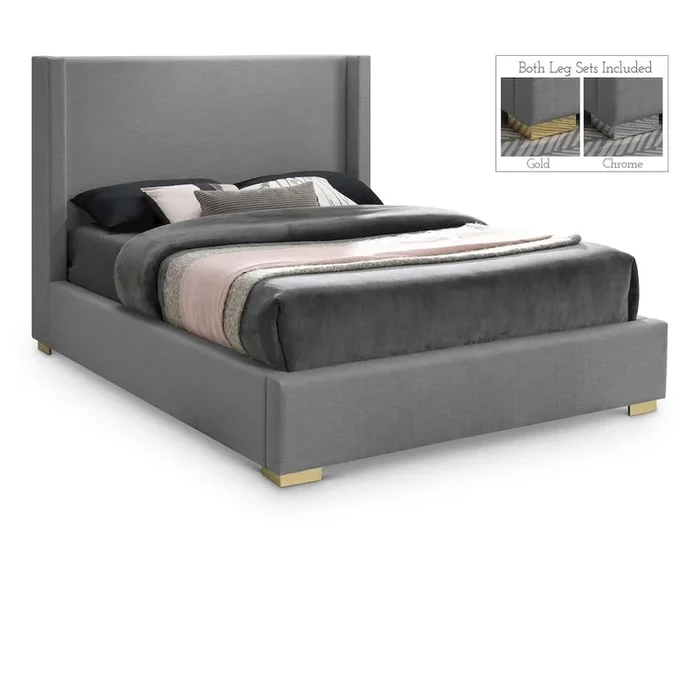 Meridian Furniture Royce Grey Linen Textured Fabric King Bed