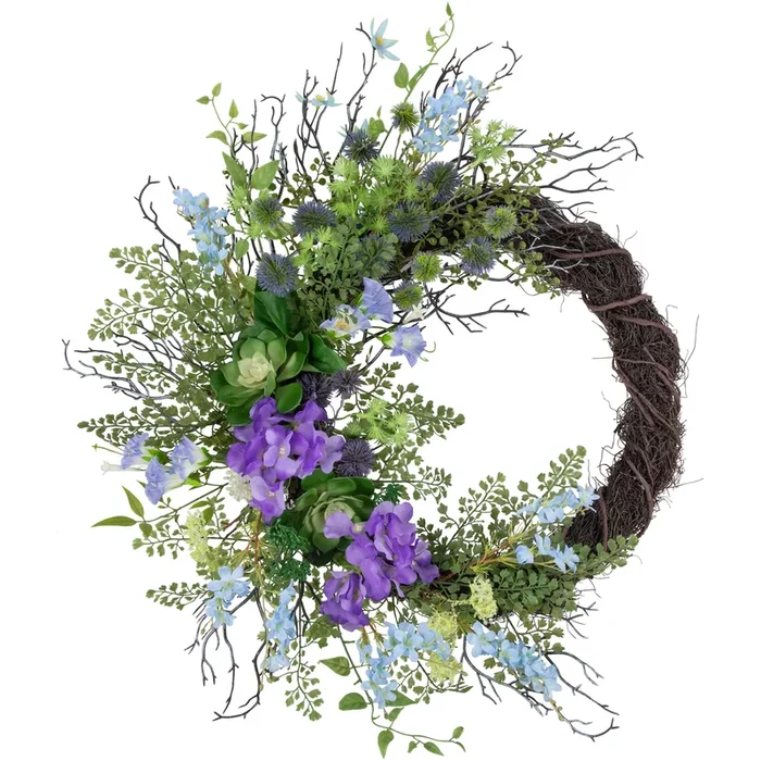 Mixed Wild Flowers and Twigs Artificial Spring Wreath 24-Inch