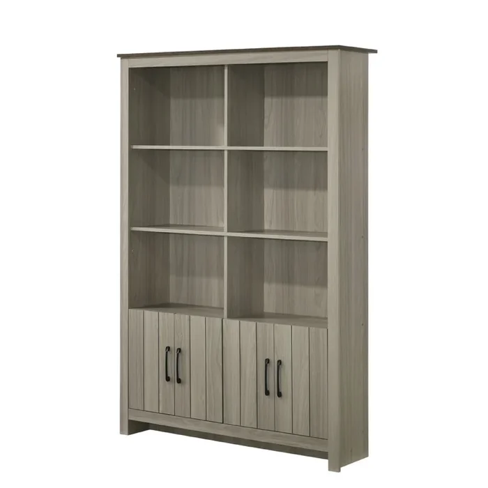 Nena Bookcase with 6 Shelves and 4 Cabinet Doors, Gray Wood 71 Inch – Benzara