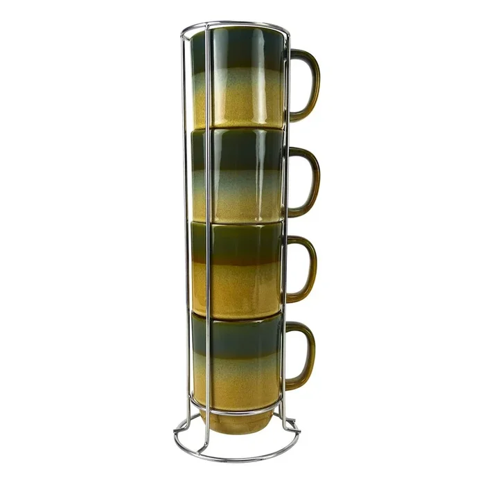 Set of 4 Stacked Brown & Tan Mugs, 14oz