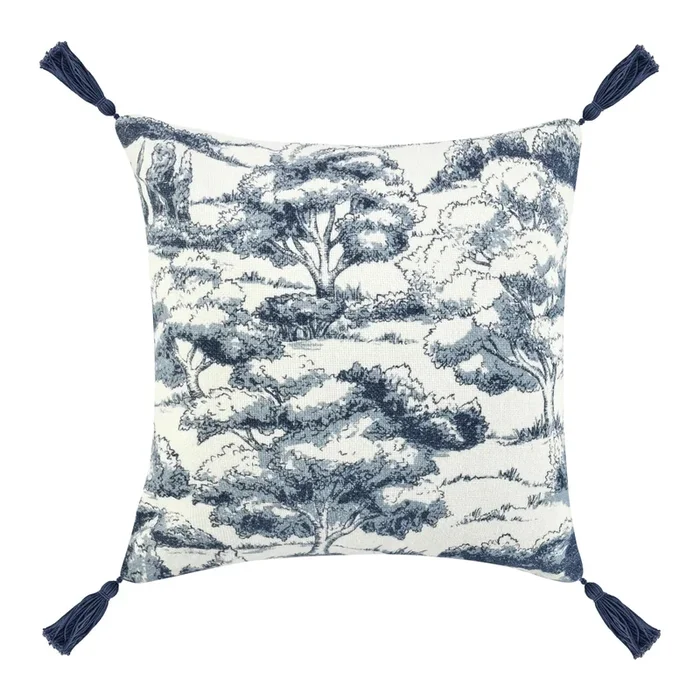 Wod Square Accent Throw Pillow, 22 Inch Blue Toile, Ivory Cotton Blend – Benzara