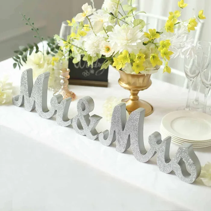 Wooden “Mr & Mrs” Freestanding Letters Silver Glittered – Rustic Glam Wedding Table Display SignsWedding Accessories
