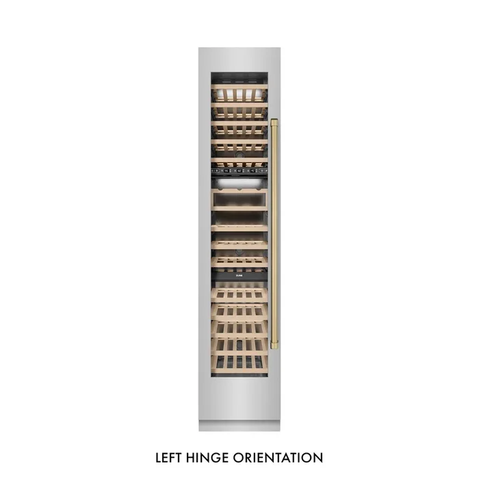 ZLINE Autograph 18″ 9.0 cu. ft. Triple Zone 68 Bottle Left Hinge Column Wine Cooler in Stainless Steel with Champagne Bronze Accents, RCWVLZ-30418-CB