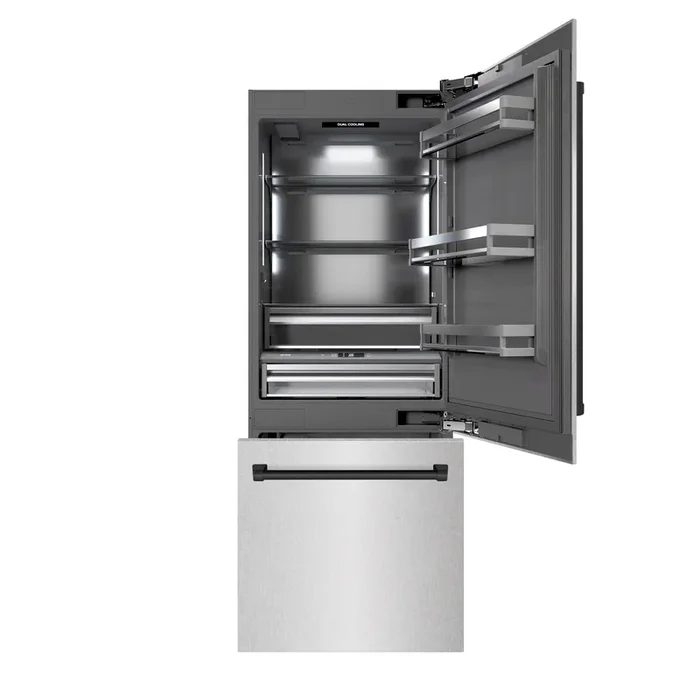 ZLINE Autograph 30″ 16.1 cu. ft. Built-In Bottom Freezer Refrigerator with Water Dispenser and Ice Maker in Satin Stainless Steel with Graphite Gray Interior and Matte Black Accents, GRBIVZ-SN-30-MB