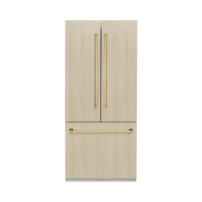 ZLINE Autograph 36″ 19.6 cu. ft. Panel Ready French Door Built-In Bottom Freezer Refrigerator with Water Dispenser and Ice Maker with Stainless Steel Interior and Polished Gold Accents, SRBIVZ-36-G
