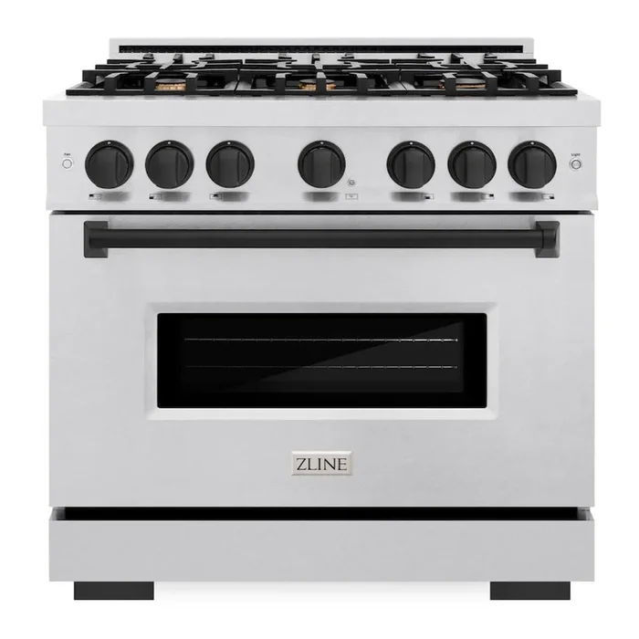 ZLINE Autograph 36″ 5.2 cu. ft. Classic Gas Range with 6 Burner Cooktop and Convection Gas Oven in Satin Stainless Steel and Matte Black Accents, CGRSZ-36-MB