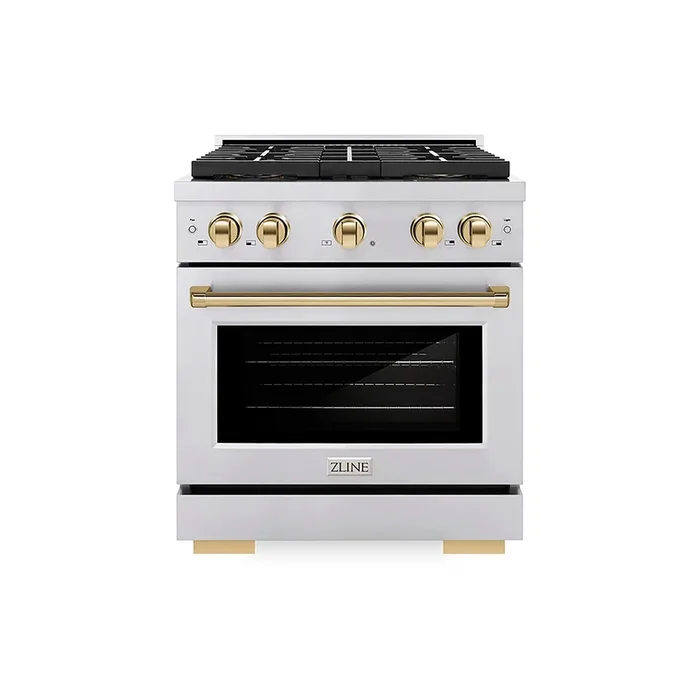 ZLINE Autograph Edition 30″ 4.2 cu. ft. Paramount Gas Range with 4 Burner DuoPro™ Cooktop and Convection Gas Oven in Stainless Steel with Polished Gold Accents, PSGRZ-30-G